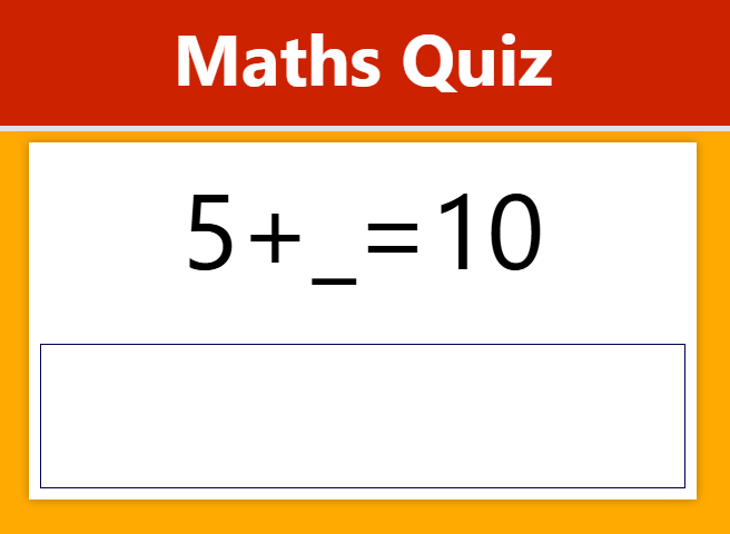 Example of the quiz screen with a large print question stating 5 add blank equals 10 and a large edit field for a response.
