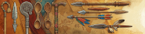 A horizontal banner for The World Stick Museum featuring a collection of global wooden artifacts. A variety of stylised sticks are arranged horizontally, including ornate arrows with colourful fletching, several types of spears, a walking stick decorated with floral patterns, two intricately carved wooden spoons, and a Celtic-style bishop's crook. The background consists of a warm, weathered map with faint historical markings.